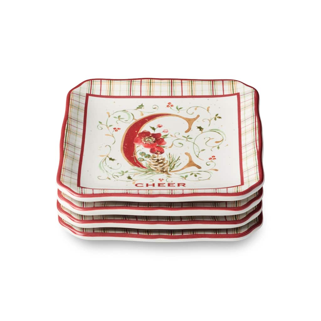 Certifed International Winter Blooms Set of 4 Canape/Appetizer/Dessert Platse 6" Assorted Designs - 6 L x 6 W x 0.75 H