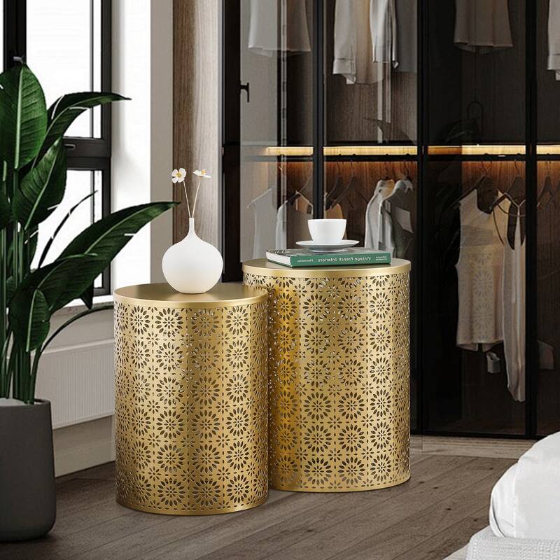 Adeco Set of 2 Round Metal Nesting Side End Tables Set - set of 2 - Gold-Floral pattern