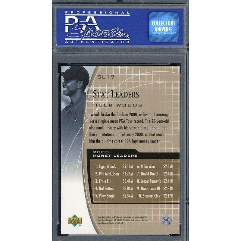 Tiger Woods 2001 Upper Deck Stat Leaders Golf Card #SL17 Graded PSA 9 MINT - 8'6" x 11'6"
