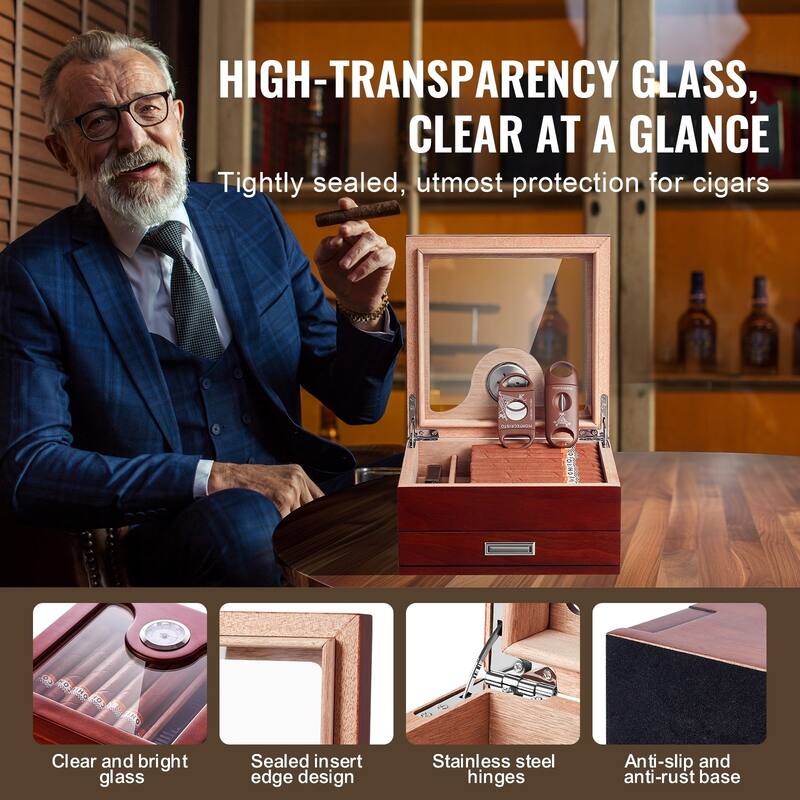 Cigar Humidor, Glass Top Cigar Humidor Box, Handmade Spanish Cedar Wood Cigar Desktop Box, Cigar Storage Case with Humidifier