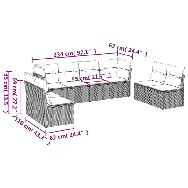 vidaXL 8/9 Piece Patio Sofa Set with Cushions Brown/Gray Poly Rattan - 24.4 x 24.4 x 27.2