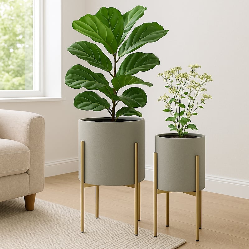 Modern Metal Round Planters on Stand - Set of 2