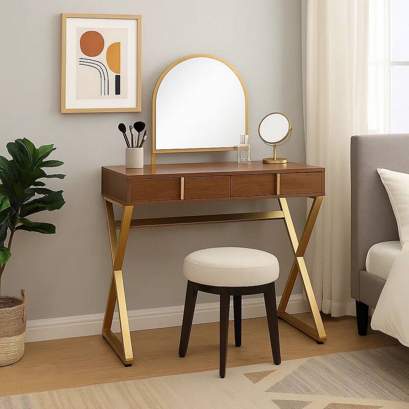 50 Inch Classic Arched Mirror Vanity Desk, Wood, X Metal Frame, Brown, Gold