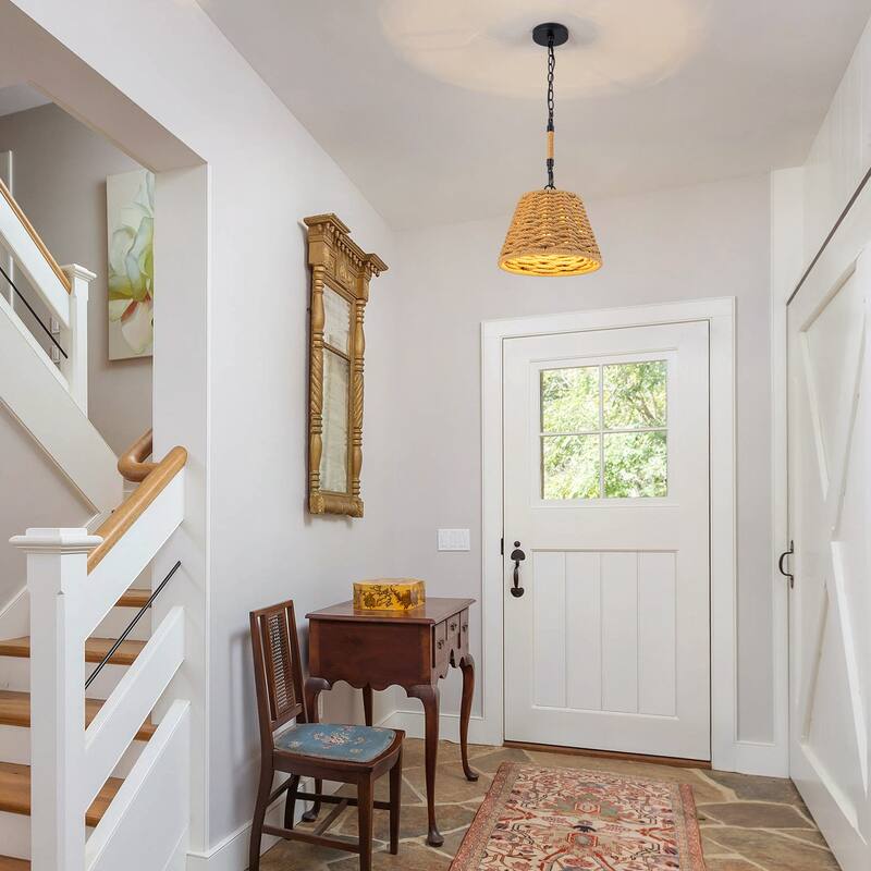 1-Light Farmhouse Hand Woven Drum Chandelier with Natural Rope Shade - Wood