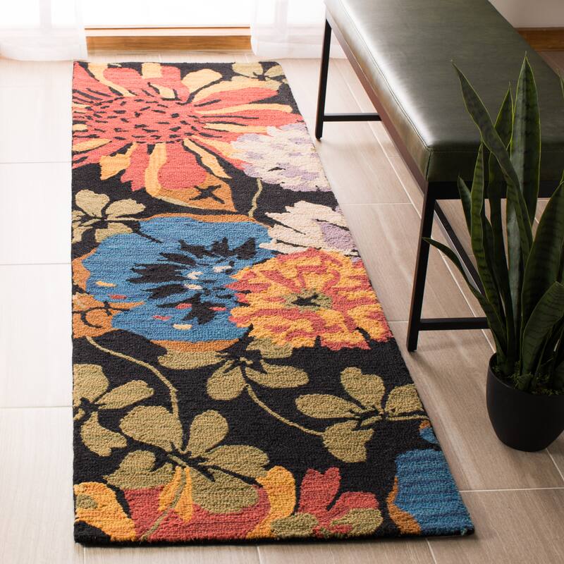 SAFAVIEH Handmade Jardin Suzeta Country Floral Wool Rug - 2'3" x 8' Runner - Black/Multi