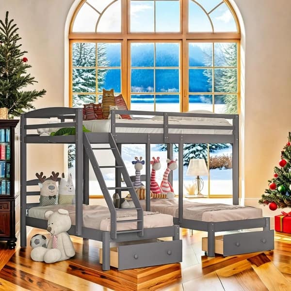 slide 2 of 13, Two Twin Size Beds And One Full Size Bed With Three Drawers,Full over Twin & Twin Bunk Bed,Triple Bunk Bed with Drawers Gray