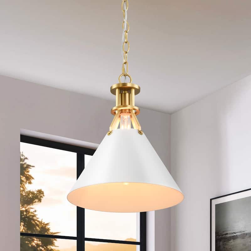 1-Light Modern Industrial Brushed Gold Cone Adjustable Pendant Light for Kitchen Island - White
