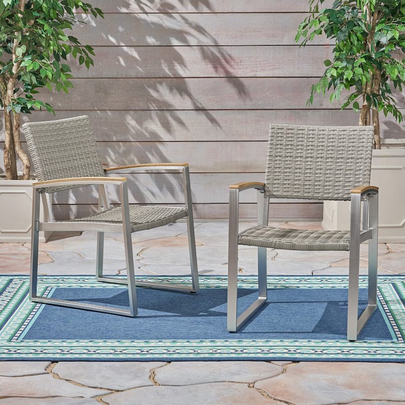 Glasgow Outdoor Dining Chairs with Aluminum Frame (Set of 2) by Christopher Knight Home - Grey Wicker + Silver Frame