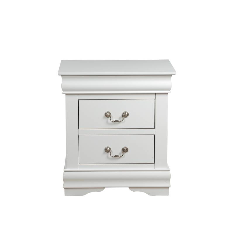 2 Drawer Wooden Nightstand with Metal Hanging Pulls and Bracket Feet, White