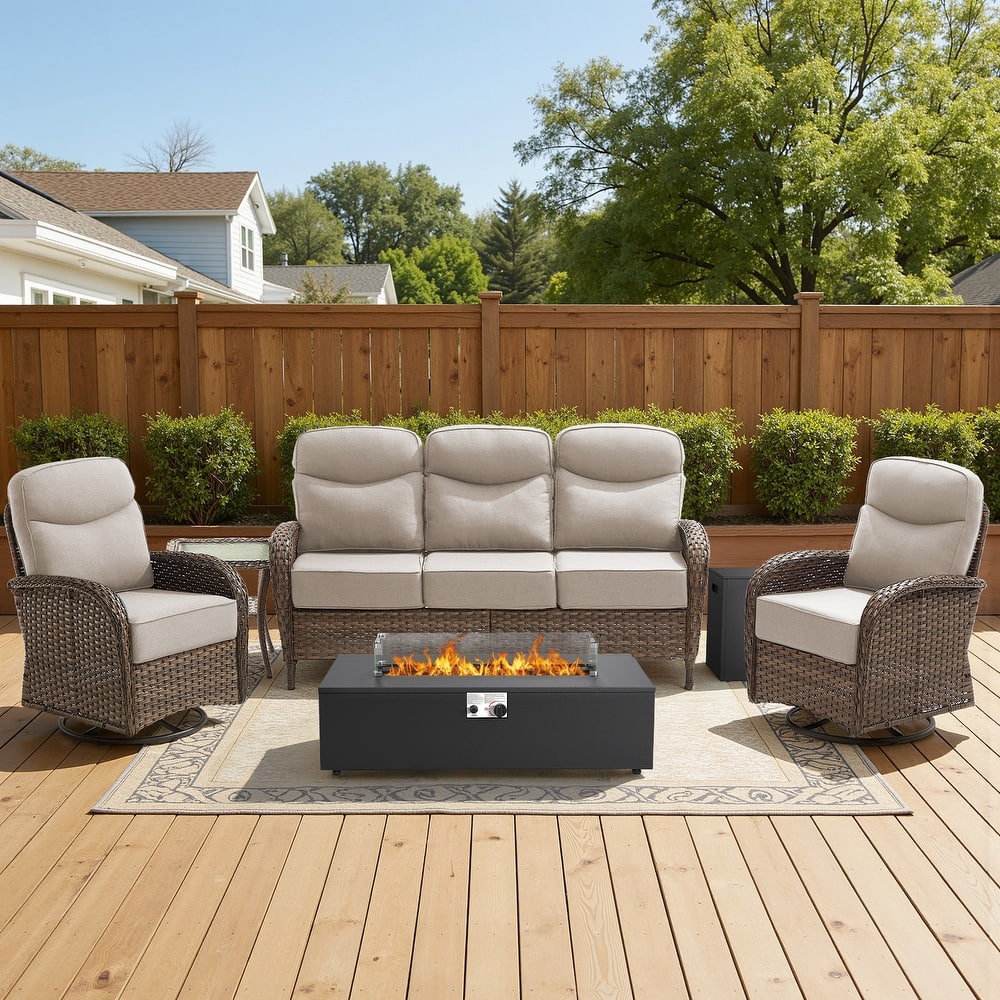Meyreso 5-Piece Wicker Outdoor Patio Fire Pit Sofa Set with 6-Inch Thick Cushions
