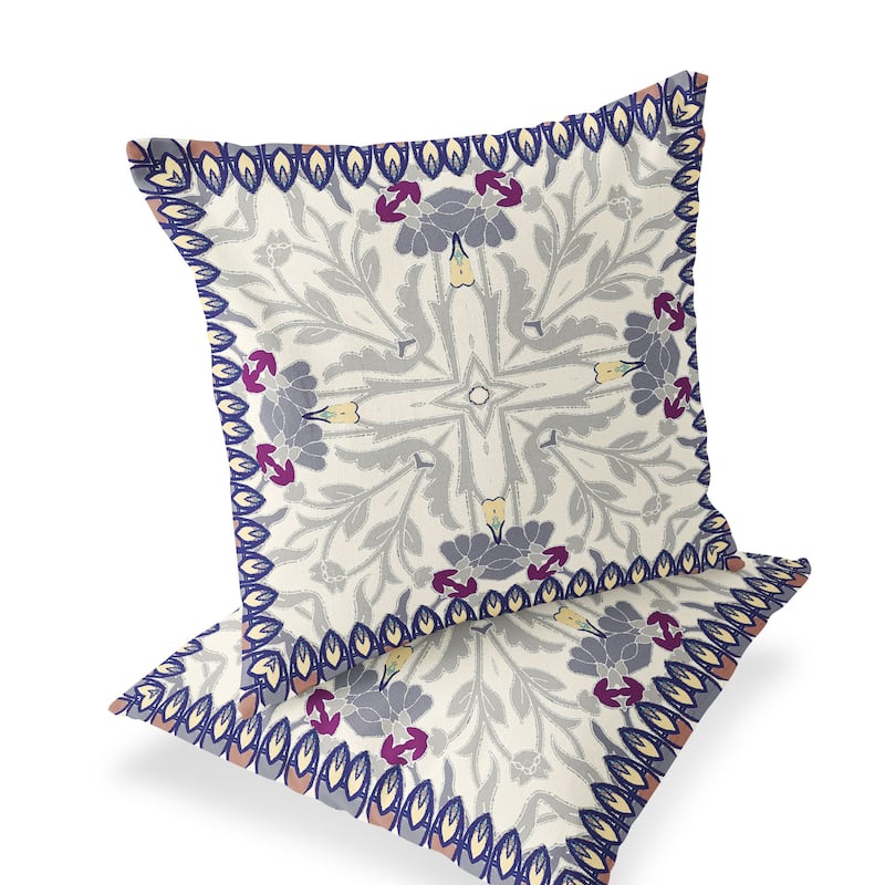 HomeRoots Set of Two 16" X 16" Gray and Purple Blown Seam Floral Indoor Outdoor Throw Pillow - 16.00' X '16.00' X '5.00