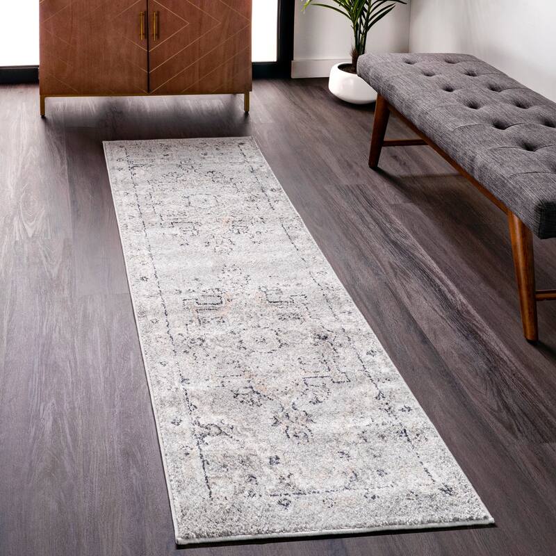 Nuloom Gena Distressed Transitional Medallion Area Rug - 2'6" x 8' Runner - Light Grey