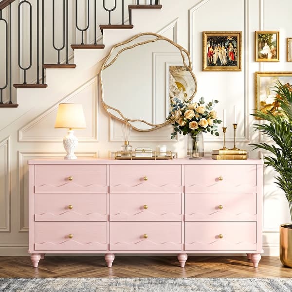 interior design dresser JIONJOY 9 Drawer Fluted Wide Dresser, Metal Frame Storage Chest for Bedroom Living Room Closet