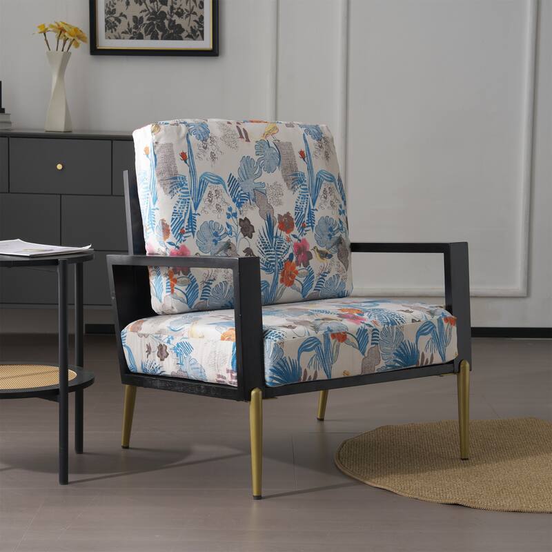 Floral Print Velvet Accent Armchair with Metal Legs and Rubberwood Frame, Wide Armrest Sofa Chair with Pillow Back Lounge Chair