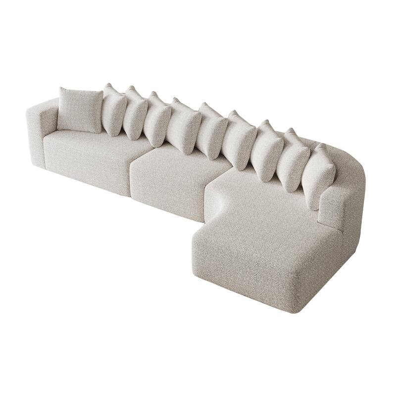 Living Room Chenille Corner Couch Curved Sectional Sofa with Chaise and 10 Pillows, Floor Standing Modular Compressed Sofa