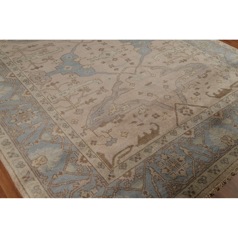 Light Brown Oushak Indian Area Rug Hand-Knotted Wool Carpet - 8'4"x 9'9"