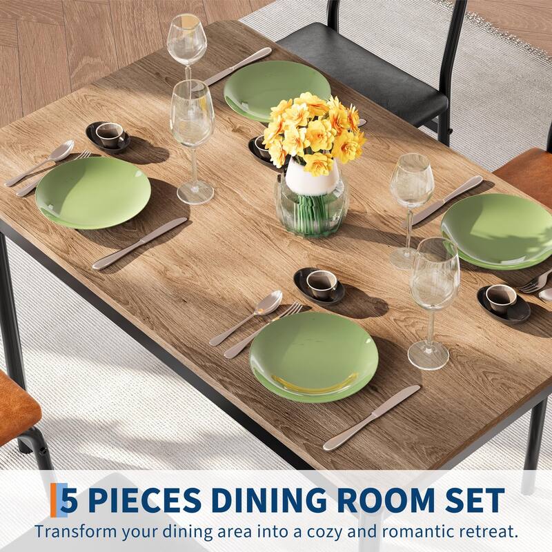 5 Piece Dining Table Set for 4, Small Industrial Kitchen Table with PU Padded Chairs & Metal Frames