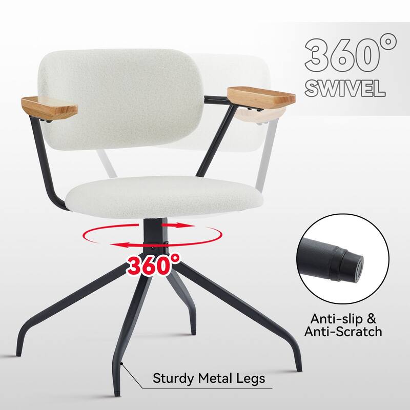 Modern Upholstered Swivel Chair With Solid Wood Arms And Metal Frame