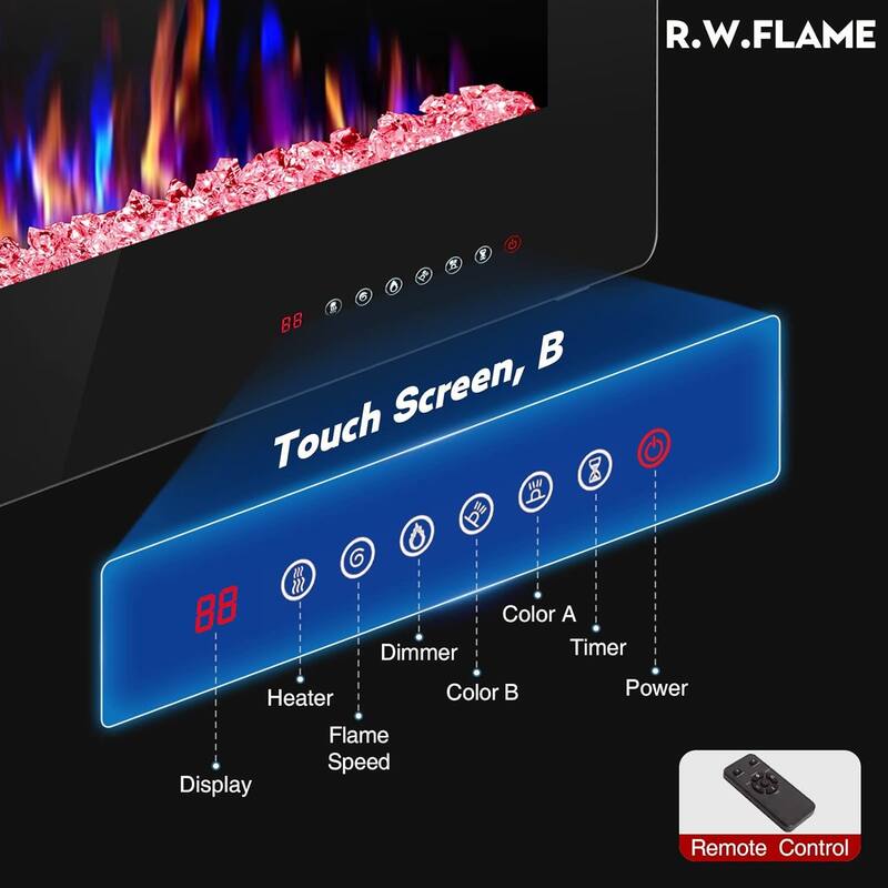 30-68" Featured Built-In Wall Fireplace with Timer / Touch Screen / Multi-Color Flame / Remote Control（750-1500W）