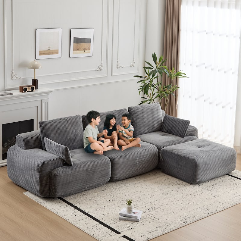 Ergonomic Deep Seat L-shaped Sectional Sofa with Chaise, Pet-Friendly Corduroy Modular Memory Foam Compressed Couch with Ottoman
