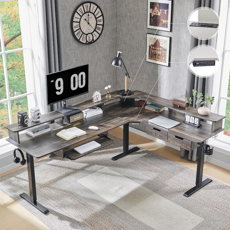 L Shaped Electric Standing Desk,Corner Gaming Desk w/ Charging Station - Dark Rustic Oak