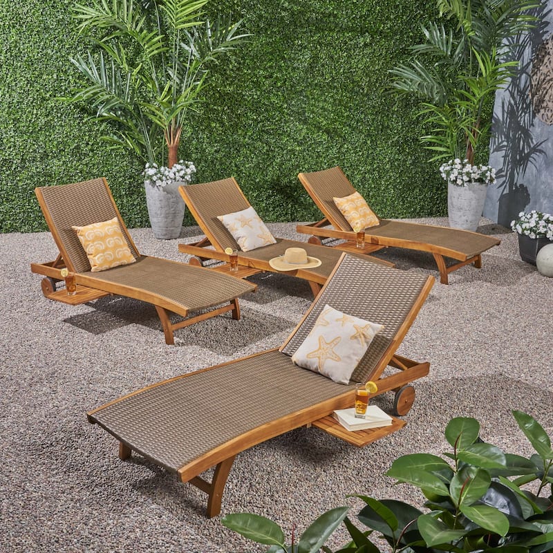 Banzai Outdoor Wicker and Wood Chaise Lounge (Set of 4) by Christopher Knight Home - Brown, Teak Finish
