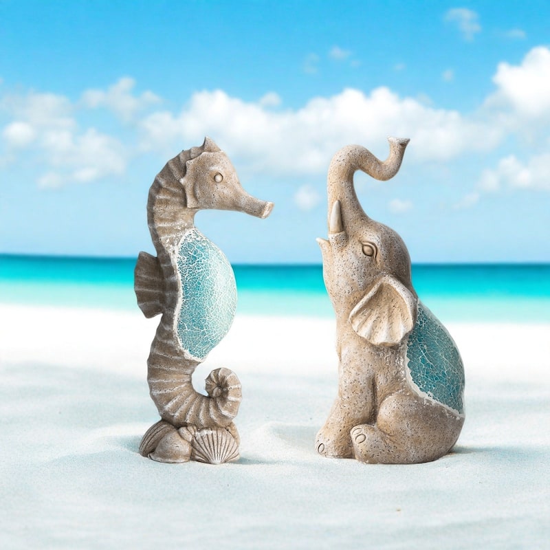 Glitzhome Faux Granite Mosaic Sitting Elephant Sea Horse Mermaid Garden Statue Ocean Figurine