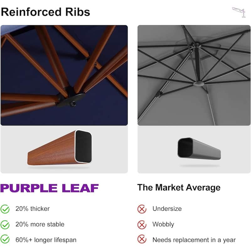 PURPLE LEAF Double Top 9 / 10 / 11 / 12 ft Square Patio Cantilever Umbrellas in Wood Color