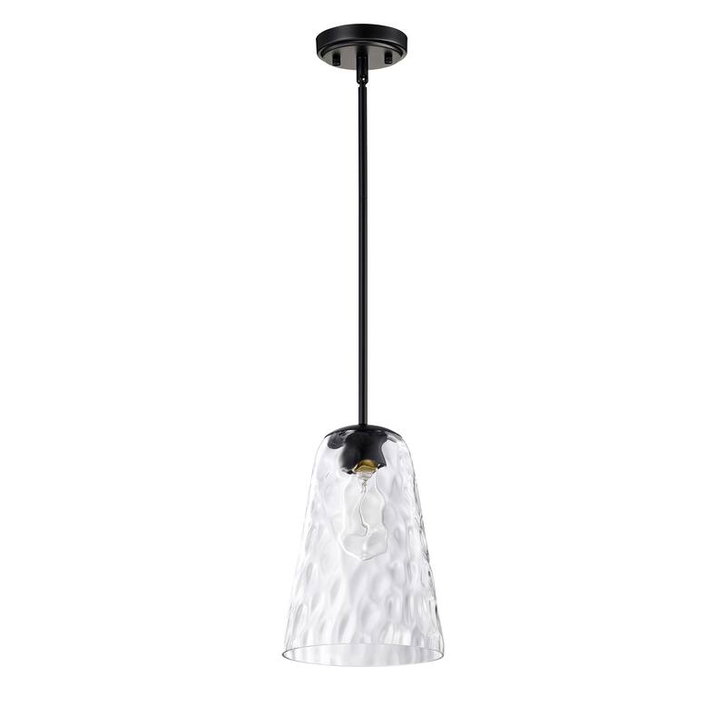 Matte Black 1-Light 8 in. Modern Mini Pendant with Hammered Glass Shade