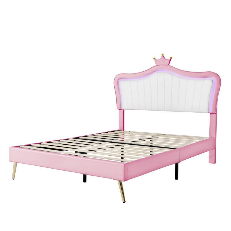 Queen Size Upholstered Bed Frame with LED Lights,Modern Upholstered Princess Bed With Crown Headboard