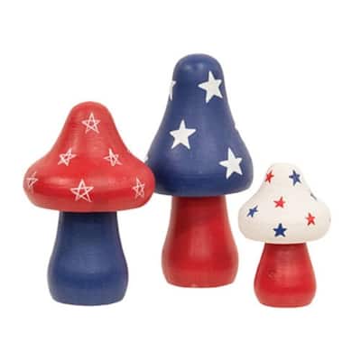 3-Piece Wooden Mushroom Sitters with Vibrant Red White Blue Colors for Rustic Patriotic Home Decor - 3 x 5 inch