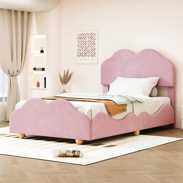 slide 2 of 54, Velvet Twin/Full Size Upholstered Platform Bed with Cloud-Shaped Headboard Twin Size Light Pink
