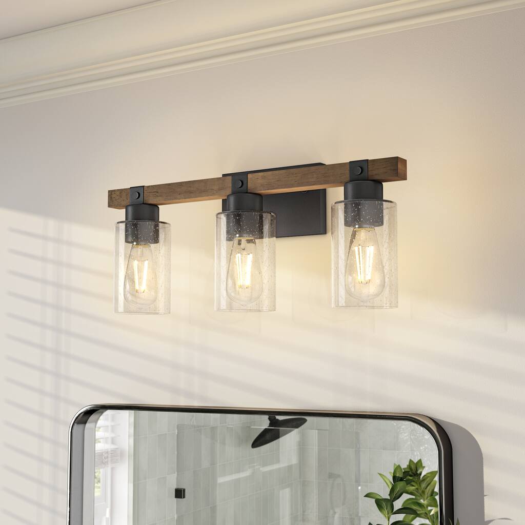 3 Light Wood and Black Vanity Bathroom Light