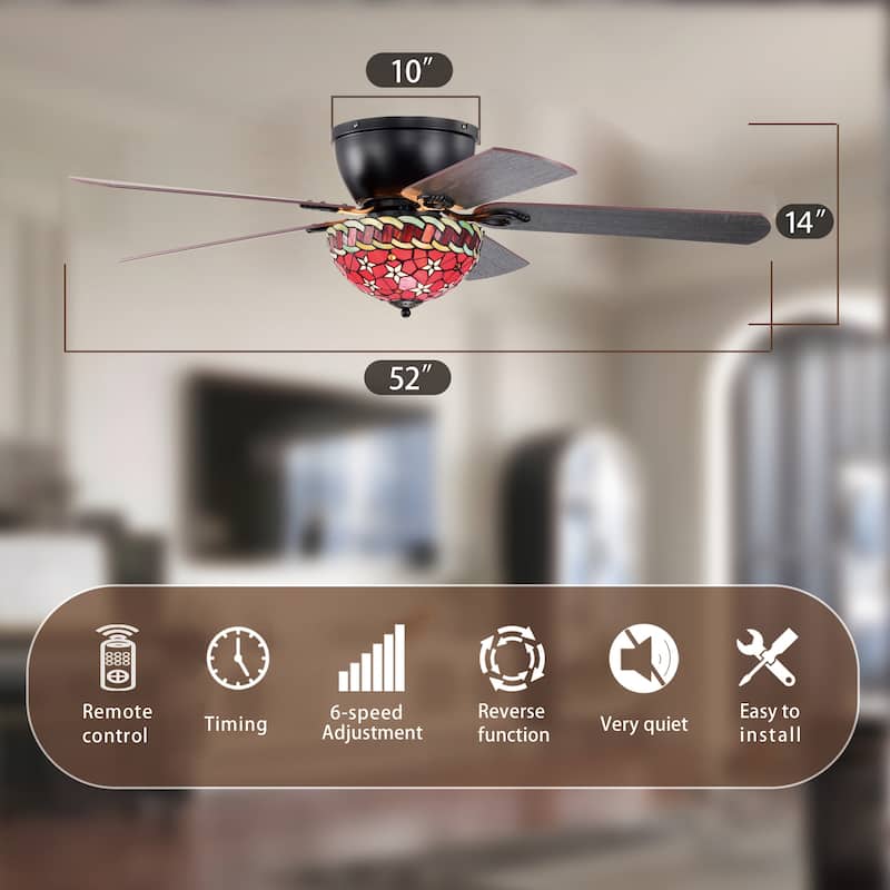 Chergo 52-Inch Flushmount Lighted Ceiling Fan Red Flower Tiffany Glass Lamp Black Finish