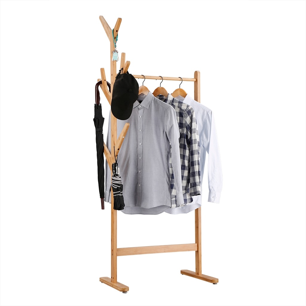 LANGRIA Single Rail Bamboo Garment Rack with 8 Hook Coat Hanger (Natural  Wood Finish)
