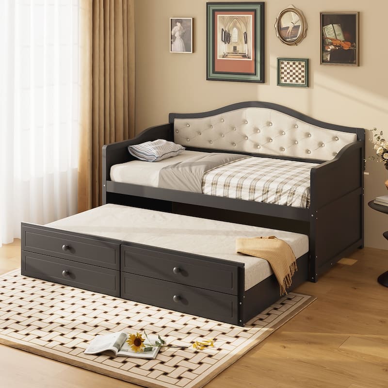 Twin Daybed with Trundle, Twin Size Daybed with 2 Storage Drawers, Wooden Sofa Bed with Upholstered Button Tufted Backrest