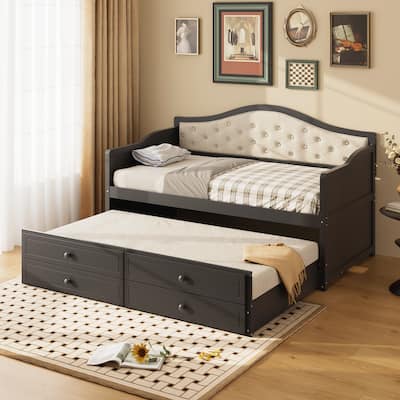 Twin Daybed with Trundle, Twin Size Daybed with 2 Storage Drawers, Wooden Sofa Bed with Upholstered Button Tufted Backrest