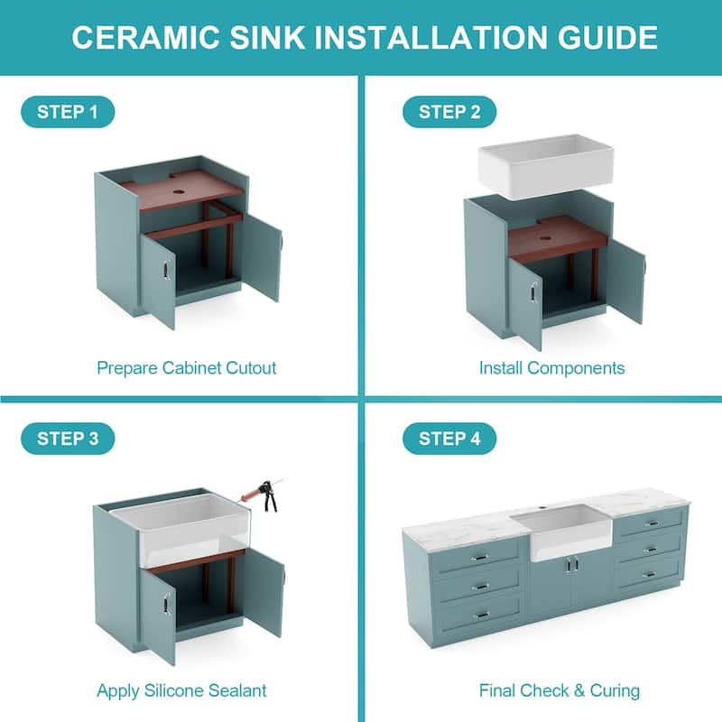 33" Farmhouse Kitchen Sink Workstation 33 x 20 x 10 inch Porcelain Ceramic Sngle Bowl Reversible Design Kitchen Sink