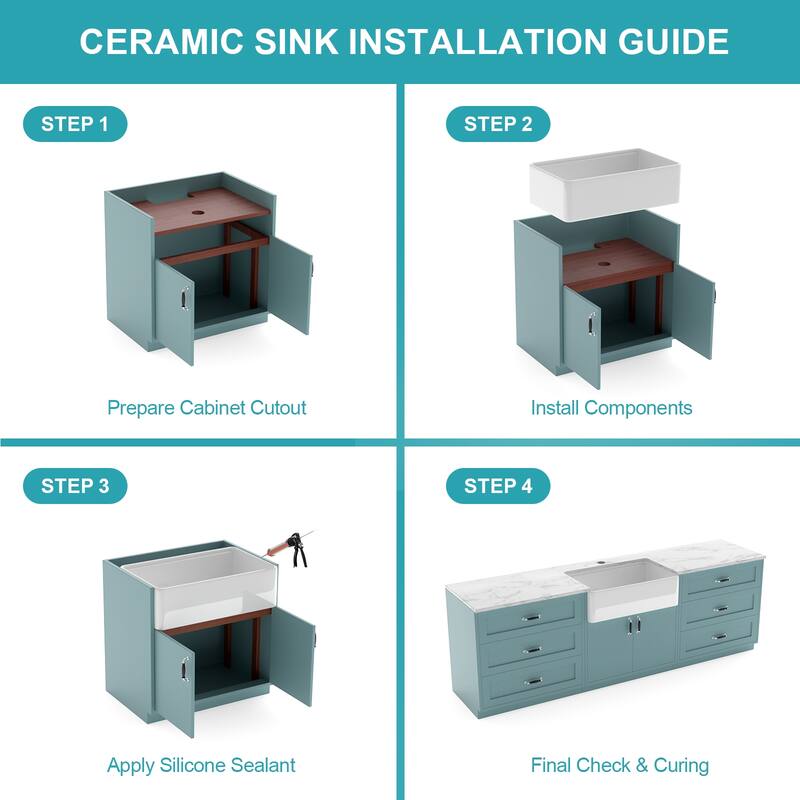 33" Farmhouse Sink - 33 x 20 x 10 Inch Kitchen Sink Apron Front Porcelain Ceramic Single Bowl Farmer Sink Basin