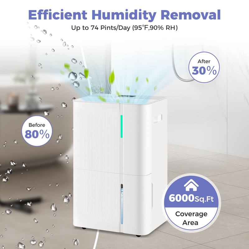 White ABS High-Capacity Dehumidifier 74 Pints with LED Panel AND Drain Hose - 13.5" x 10" x 20.5"