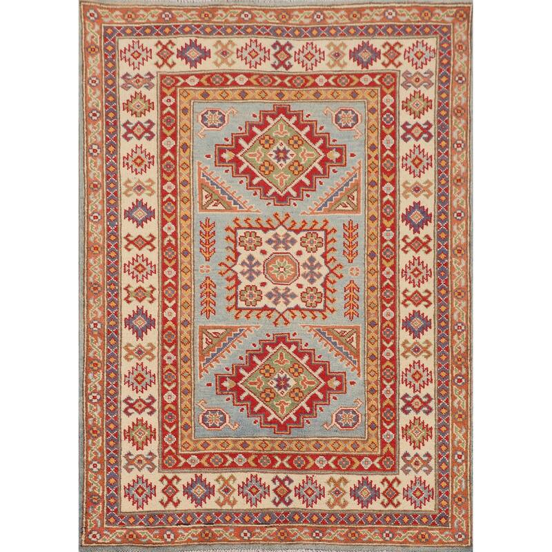 Geometric Kazak Accent Rug Handmade Blue Wool Carpet - 3'5" x 4'10"