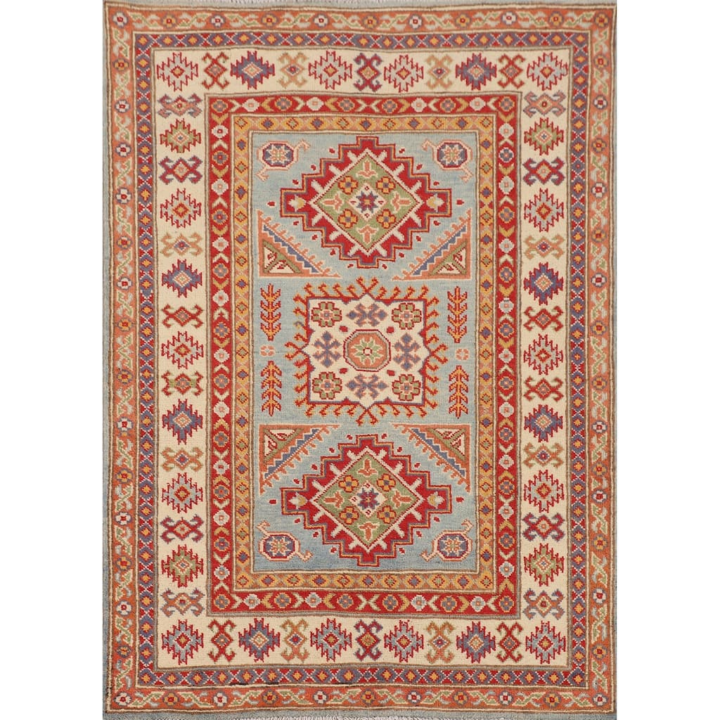 Geometric Kazak Accent Rug Handmade Blue Wool Carpet - 3'5" x 4'10"