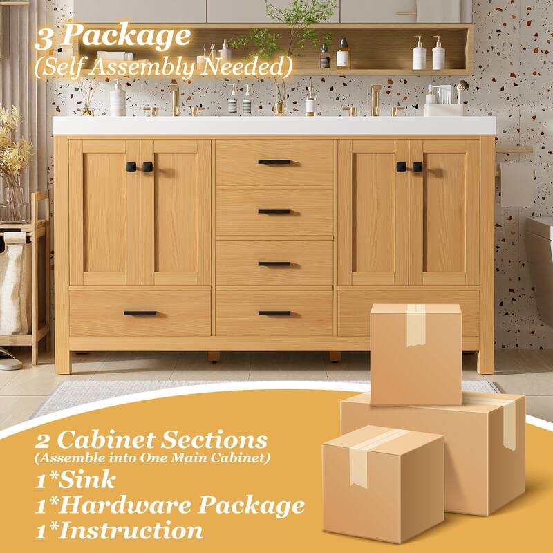 59.3 Inch Double Sink Bathroom Vanity with Solid Wood Frame, Soft Close Doors and Drawers, Wood Grain Cabinet