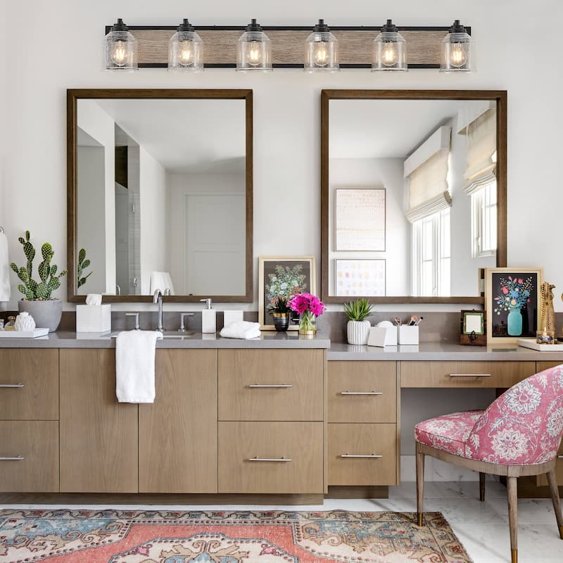 49" Farmhouse Vanity Light Fixture, 6-Light Bathroom Wall Sconce with Clear Seeded Glass Shades, Black and Wood Grain Finish