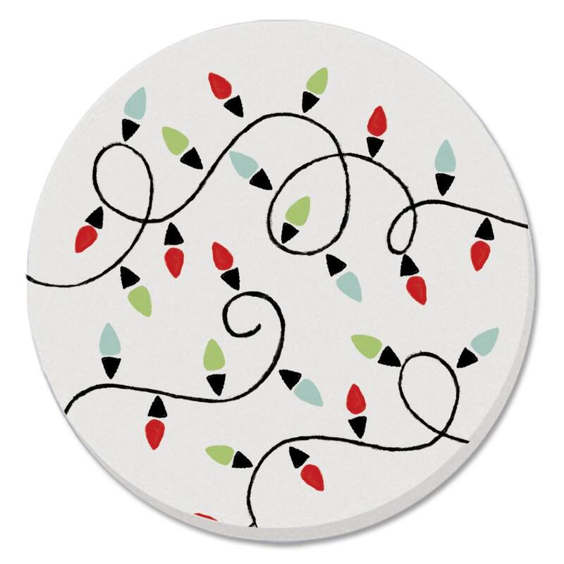Christmas Lights 4 Pack Absorbent Stone Tumbled Tile Coasters with Cork Backing 4" Round Made in The USA Absorbent Wipes Clean - Stone - White