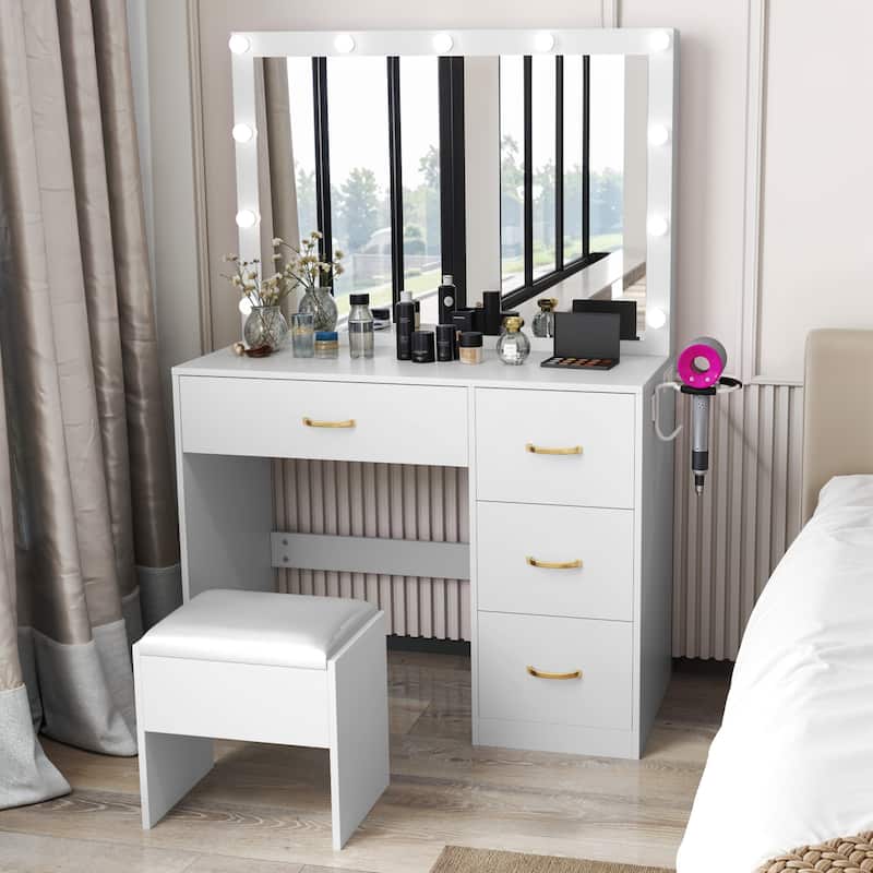 Moasis 42.1" White Mirror Makeup Vanity Table with Stool and Light Strip