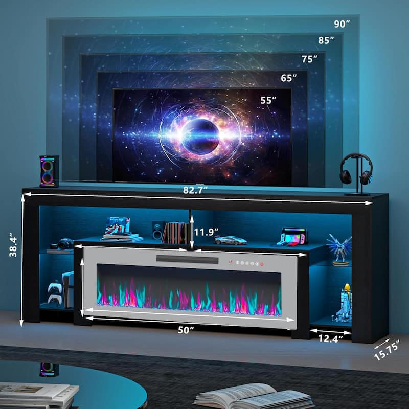 BOSSIN 82" Fireplace TV Stand with 50" Fireplace, Entertainment Center for TVs Up to 90", Console Cabinet With LED Light