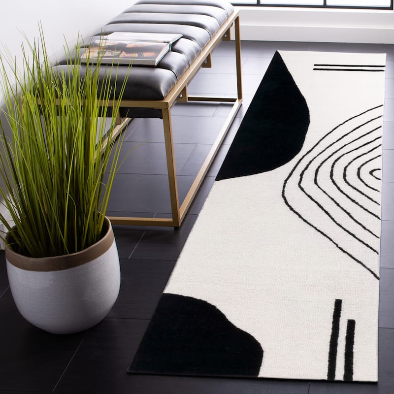 SAFAVIEH Handmade Rodeo Drive Vutka Mid-Century Modern Wool Rug - 2'3" x 6' Runner - Ivory/Black - Runner