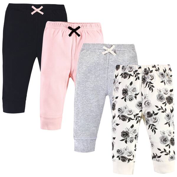 slide 1 of 1, Touched by Nature Baby Girl Organic Cotton Pants 4pk, Black Floral 0-3 Months - Black Floral