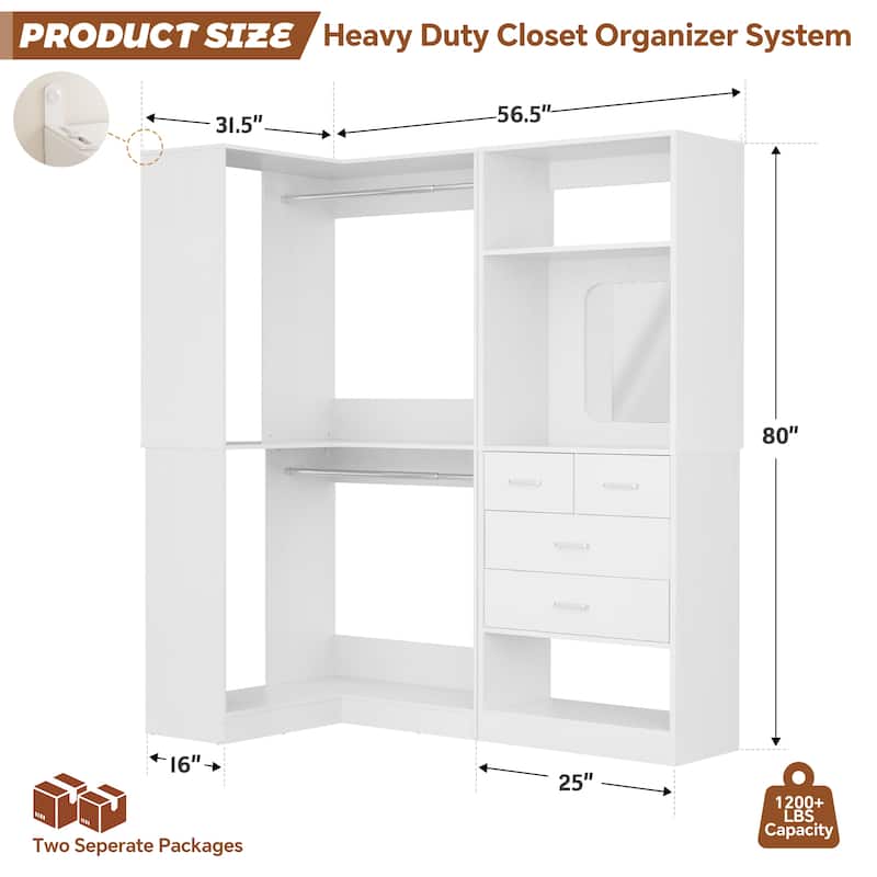 Cimly Set of 2 Corner Closet System WITH Drawers, Freestanding Closet Organizer with Hanging Rods and Shelves